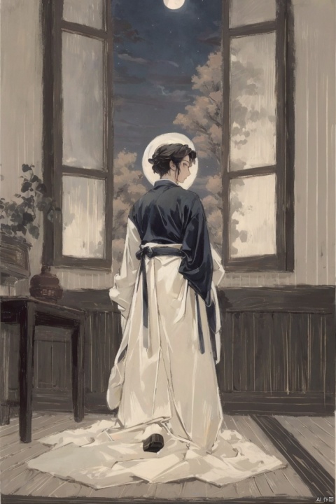  ((HRD, HUD, 8K)),((masterpiece, best quality)), highly detailed, soft light,
moon, solo, 1boy, male focus, window, full moon, hat, tree, night, standing, chinese clothes, from behind, indoors, long sleeves, robe, round window, hanfu, black hair, sky, InkAndWash, HandOptimization