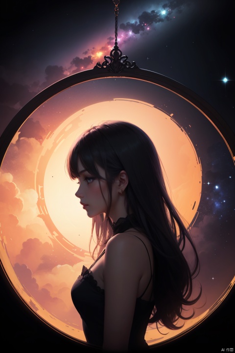 girl, realistic, glowing frame, backlight colors, silhouette colors, cosmic frame, powerful owl, profile in a frame, silhouette, backlighting, vibrant,magical night sky, illustration, soft, beautiful, dreamy, realistic, professional, simple, twinkling night sky, extremely detailed, hyper detailed, illustration, half finished sketch, half colored sketch, anime, masterpiece, bright colors, high contrast, vivid lighting, dark background, simple background, mad-spiral-galaxy,

