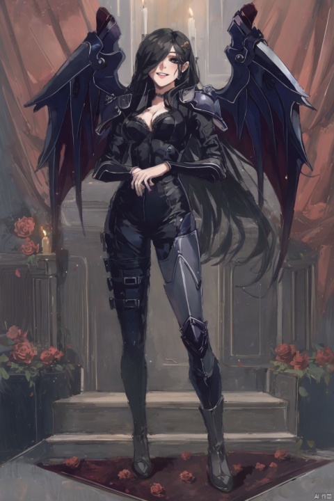  ((HRD, HUD, 8K)),((masterpiece, best quality)), highly detailed, soft light,
1girl, solo,  black hair, long hair, black eyes, hair over one eye, lips,breasts, medium breasts, cleavage,bodysuit, armor,wings, demon wings,
candle, flower, rose, looking at viewer, skull, smile, from below, fang, red rose, hairclip, red flower, glowing eyes, full body, MorGaNa