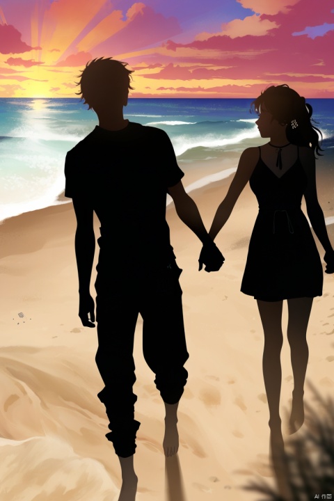 1girl, silhouette, shadow, silhouette, hetero, couple, dress, beach, walking, holding hands, sand, outdoors, 1boy, sunset, ocean, water, backlighting, male focus, HandOptimization, 