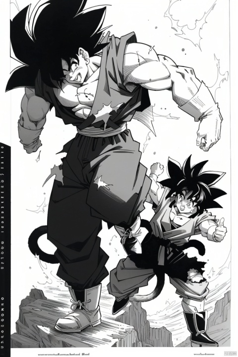 (HRD, HUD, 8K)),((masterpiece, best quality)), highly detailed, soft light,
Comic, monochrome, greyscale, male focus, spiked hair, son goku, tail, muscular, 2boys, torn clothes, monkey tail, multiple boys, 1boy, scar, full body, armor, teeth, boots, comic, muscular male,