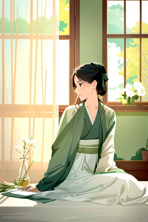  ((HRD, HUD, 8K)),((masterpiece, best quality)), highly detailed, soft light,
HanFu, flower, curtains, solo, 1girl, male focus, window, sunlight, indoors, long sleeves, white flower, arm support, blurry, sitting, looking away, day
