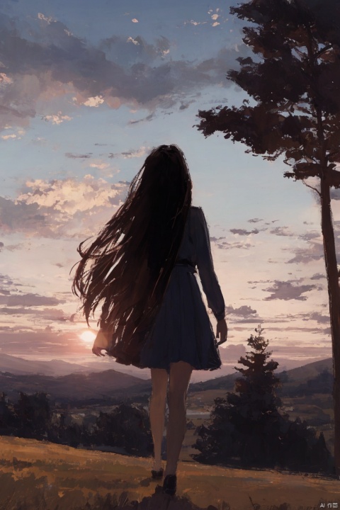 sunset,1girl,cloud,solo,sky,outdoors,sun,scenery,tree,mountain,silhouette,shadow,long hair,