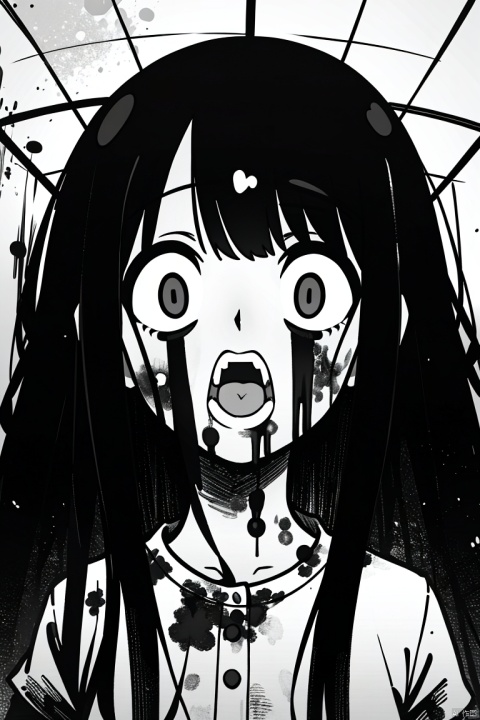  ((HRD, HUD, 8K)),((masterpiece, best quality)), highly detailed, soft light,
Terror, greyscale, monochrome, 1girl, open mouth, solo, wide-eyed, long hair, blood, bangs, blood on face,