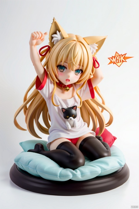  ((HRD, HUD, 8K)),((masterpiece, best quality)), highly detailed, (chibi:1.2), big eyes, big head, 
1girl, animal ears, shirt, tail, thighhighs, stuffed toy, cat ears, blonde hair, cat tail, stuffed animal, solo, long hair, collar, paw pose, teddy bear, white shirt, t-shirt, sitting, indoors, pillow, oversized shirt, arm up, cat girl, red lips, red collar, bangs, oversized clothes, animal ear fluff, bell, short sleeves, white thighhighs, full body, photo inset, off shoulder, cushion, couch, neck bell,
simple background, white background,