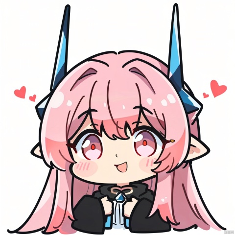 ((HRD, HUD, 8K)),((masterpiece, best quality)), highly detailed, 
EmojiPack, 1girl, pink hair, solo, white background, pointy ears, long hair, horns, simple background, heart, holding, chibi, open mouth, smile, pink eyes, upper body, long sleeves, looking at viewer, red eyes, blush stickers, :d,