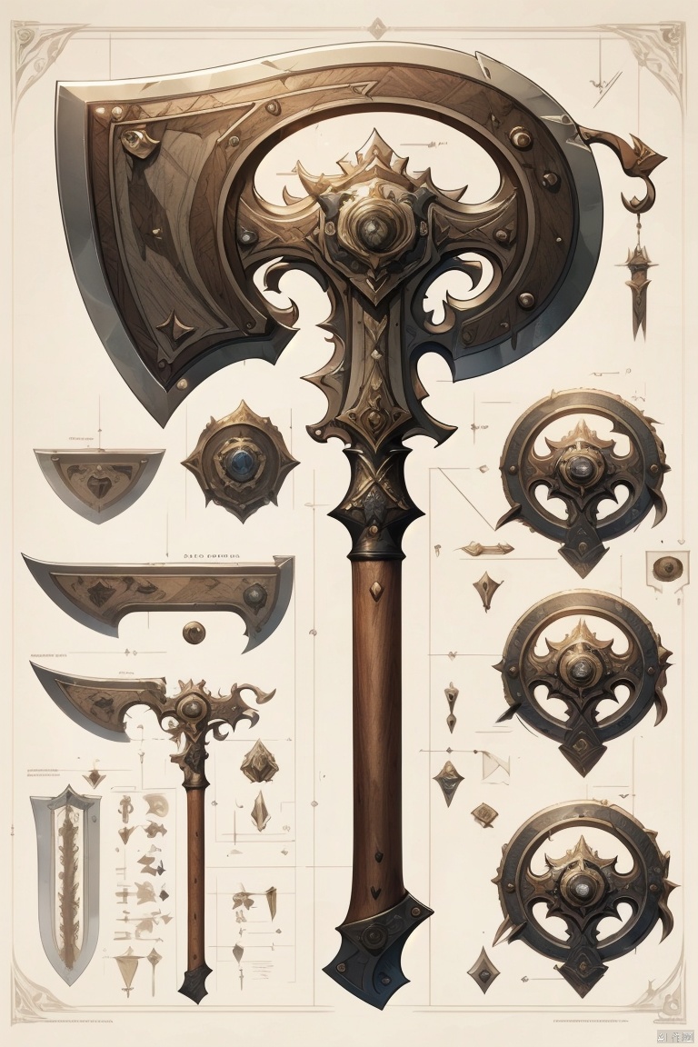  ((HRD, HUD, 8K)),((masterpiece, best quality)), highly detailed, soft light,
GameWeapon, no humans, axe, weapon, concept art, fantasy, battle axe, sword, still life,