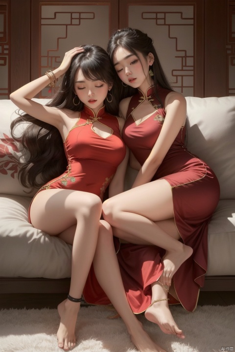 2girls, multiple girls, red dress, dress, jewelry, long hair, closed eyes, earrings, red lips, black hair, couch, barefoot, sleeping, bracelet, bare legs, sitting, chinese clothes, hand on another's head, sleeveless, pillow, sleeveless dress, makeup, bare shoulders, china dress