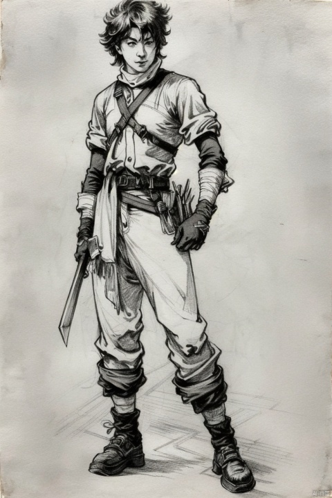  ((HRD, HUD, 8K)),((masterpiece, best quality)), highly detailed,
Sketch, solo, gloves, monochrome, fingerless gloves, weapon, male focus, bandages, 1boy, sketch, greyscale, sash, hatching (texture), ink (medium), traditional media, graphite (medium), standing, pants, knife,