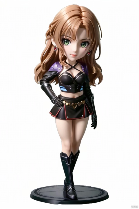  ((HRD, HUD, 8K)),((masterpiece, best quality)), highly detailed, chibi, big eyes, big head,
1girl, solo, long hair, blonde hair, brown hair, green eyes, lips, earrings, jewelry, breasts, crop top, armor, heart, gloves, midriff, skirt, boots,
simple background, white background, full body, long legs, standing, looking at viewer,  , Janet