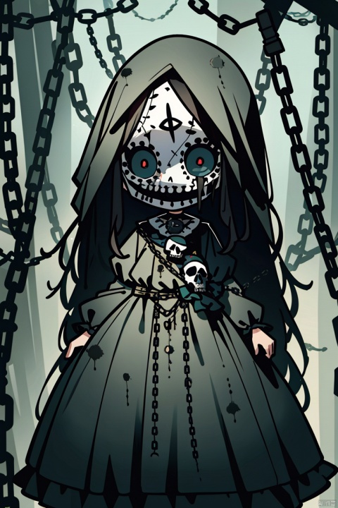  ((HRD, HUD, 8K)),((masterpiece, best quality)), highly detailed, soft light,
Terror, 1girl, solo, chain, dress, skull, holding, long hair, veil, stitches, horror (theme), long sleeves, mask, looking at viewer, torn clothes, doll, standing,