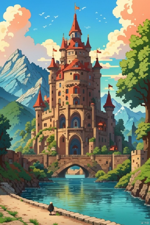  ((HRD, HUD, 8K)),((masterpiece, best quality)), highly detailed, soft light,
Castle, scenery, no humans, sky, cloud, outdoors, tree, day, bird, castle, stairs, bridge, blue sky, mountain, building, fantasy, water, river, tower, arch, architecture, 