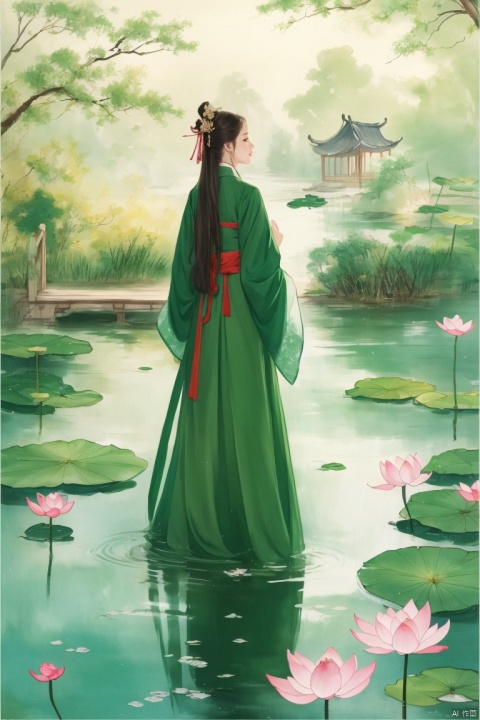  ((HRD, HUD, 8K)),((masterpiece, best quality)), highly detailed, soft light,
GuoYun, long hair, black hair, 1girl, lily pad, flower, solo, hanfu, chinese clothes, lotus, water, outdoors, tree, scenery, dress, standing, very long hair, architecture, branch, green theme, bridge, petals, pond, long sleeves, wide sleeves, from behind,