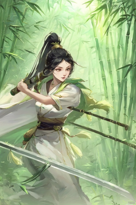 ((HRD, HUD, 8K)),((masterpiece, best quality)), highly detailed,
guofeng, 1girl, bamboo, black hair, ponytail, bamboo forest, weapon, nature, forest, long hair, holding, leaf, sword, solo focus, hair ornament, outdoors, holding weapon, 