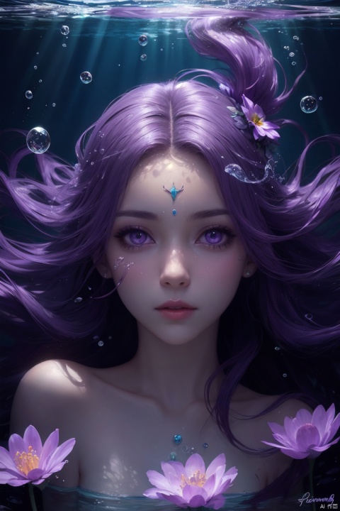  1 girl,(Purple light effect),hair ornament,jewelry,looking at viewer,flower,floating hair,water,underwater,air bubble,submerged
, forehead mark,