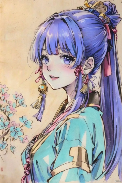  ((HRD, HUD, 8K)),((masterpiece, best quality)), highly detailed, soft light,
ColoredLead, 1girl, kamisato ayaka, solo, purple eyes, looking at viewer, bangs, blue hair, hair ornament, earrings, jewelry, long hair, traditional media, sidelocks, from side, blunt bangs, ponytail, breasts, closed mouth, simple background, tassel, upper body, blush, hair ribbon, portrait, medium breasts, ribbon, smile, light blue hair, YuanShen