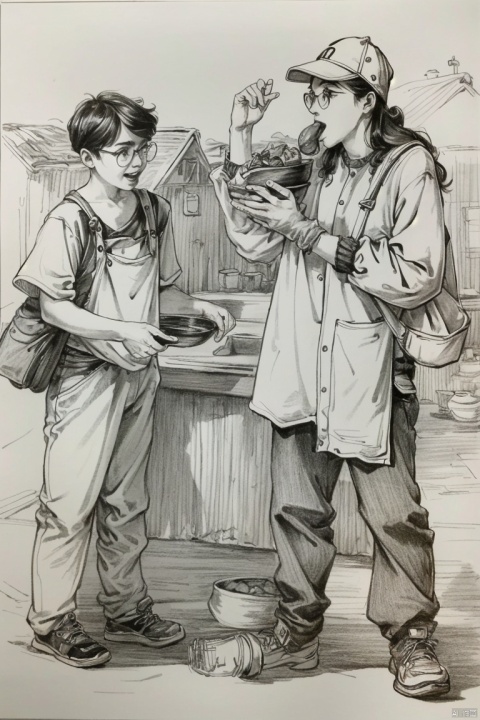  ((HRD, HUD, 8K)),((masterpiece, best quality)), highly detailed,
Sketching - MultipleCharacters, monochrome, multiple boys, greyscale, glasses, hat, multiple girls, pants, apron, shoes, holding, pointy ears, beanie, gloves, open mouth, food, eating, jacket, sneakers, traditional media, boots, 2boys, smile, bag, bowl, standing, short hair, long hair, looking at another, 3boys,