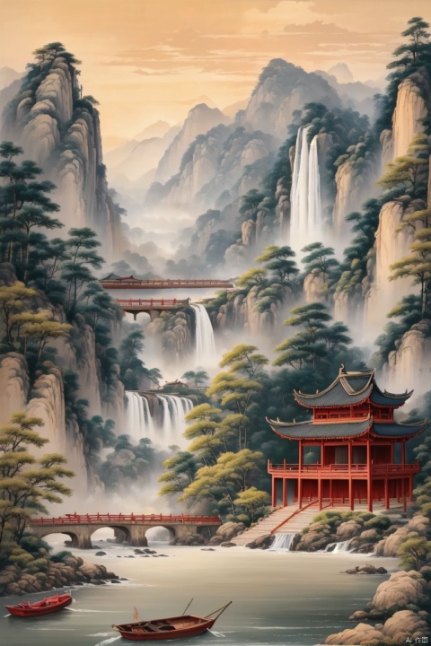(HRD, HUD, 8K),,(masterpiece, best quality), highly detailed,,bamboo, boat, bridge, building, GuoYun, no humans, scenery, tree, water, outdoors, mountain, river, architecture, waterfall, bridge, east asian architecture, nature, sky,