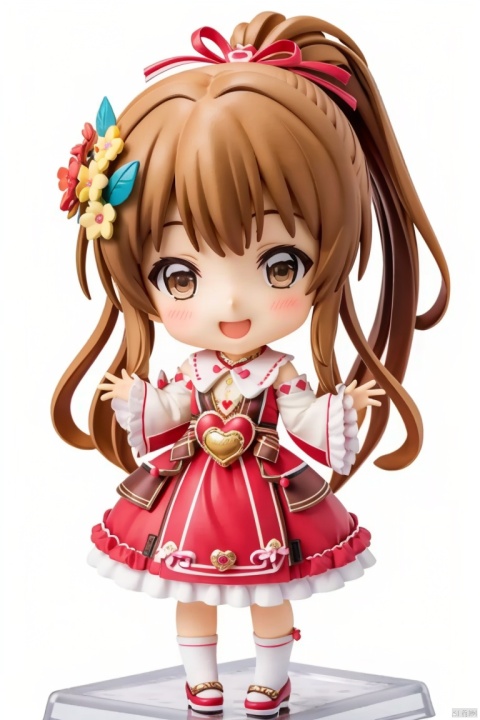 ((HRD, HUD, 8K)),((masterpiece, best quality)), highly detailed, chibi, big eyes,big head,
Handmade, 1girl, takamori aiko, one eye closed, solo, smile, brown hair, brown eyes, ponytail, dress, hair ornament, heart hands, flower, long hair, looking at viewer, petals, heart, hair flower, blurry, ;), blush, frills, wrist cuffs, depth of field, 
simple background, white background,