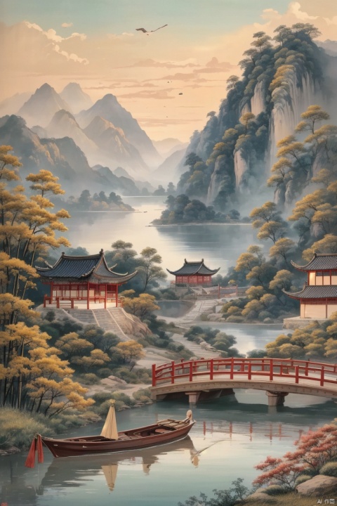 (HRD, HUD, 8K),,(masterpiece, best quality), highly detailed,,bamboo, boat, bridge, building, GuoYun, no humans, scenery, mountain, bird, outdoors, water, tree, landscape, lake, sky, watermark, river, nature, rock,