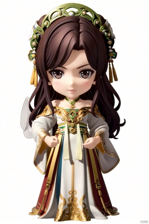  ((HRD, HUD, 8K)),((masterpiece, best quality)), highly detailed, (chibi:1.2), big eyes, big head, 
1girl, solo, long hair, hair ornament, black hair, brown hair, brown eyes, lips,jewelry,dress, chinese clothes, bare shoulders, long sleeves, wide sleeves,
simple background, white background, full body, long legs, standing, looking at viewer, , NongYu