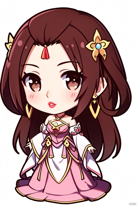  ((HRD, HUD, 8K)),((masterpiece, best quality)), highly detailed, soft light, (chibi:1.2), big eyes, big head, 
1girl, solo, forehead mark, brown hair, hair ornament, hair rings, long hair, brown eyes, lips, jewelry, earrings, dress, pink dress, bare shoulders, detached sleeves, simple background, white background, full body, long legs, standing, looking at viewer, HuMeiRen
