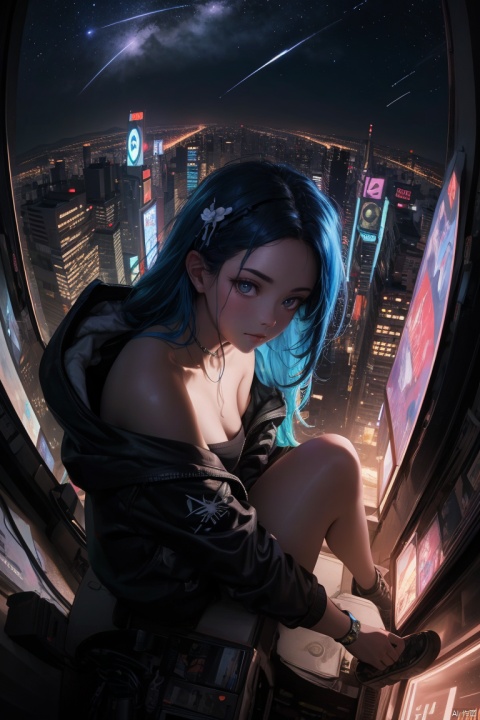 (masterpiece), best quality, ultra high res,, cyberpunk 1girl flying above stunning cityscape ,hoodie,blue hair, neon color shooting stars, very long hair, off shoulder, feather hair ornament, neon colors, flashes, stunning night sky, cinematic lighting, photorealistic, realistic skin, HDR,fisheye, 1 girl ColoredLead