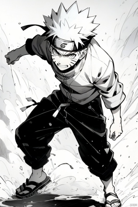  ((HRD, HUD, 8K)),((masterpiece, best quality)), highly detailed, soft light,
Fight, monochrome, 1boy, solo, male focus, konohagakure symbol, forehead protector, greyscale, clenched teeth, uzumaki naruto, facial mark, teeth, sandals, dust, long sleeves, spiked hair, pants, looking at viewer, whisker markings, toeless footwear, headband, hatching (texture), full body, ninja