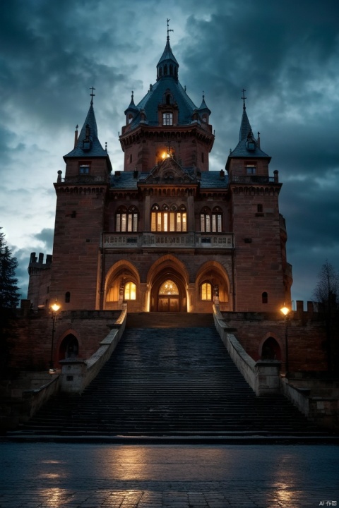  ((HRD, HUD, 8K)),((masterpiece, best quality)), highly detailed, soft light,
Castle, no humans, rain, cloud, cloudy sky, stairs, scenery, sky, outdoors, tower, building, castle, night, 