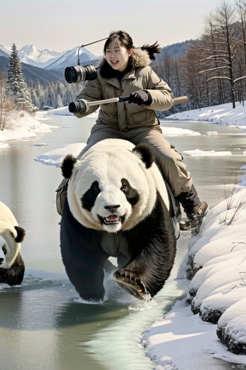 1 girl, holding a weapon in hand, riding on a huge fat Chinese giant panda, ice and snow river, charge, war, roar, rage, perfect composition, camera angle, rich in detail, realistic, Sketch