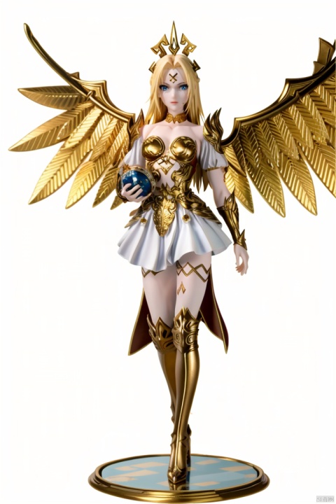  ((HRD, HUD, 8K)),((masterpiece, best quality)), highly detailed,InvisibleMan, 
1girl, solo, crown, blonde hair, long hair, forehead mark, facial mark, blue eyes, lips,chokerarmor, bare shoulders, dress, skirt, high heels,wings, angel wings,
simple background, white background, full body, long legs, standing, looking at viewer, , AngelHolyKing