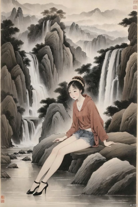  ((HRD, HUD, 8K)),((masterpiece, best quality)), highly detailed, soft light,InkAndWash, 
1girl, solo, hoodie, denim shorts, high heels, 
mountain, water, river, waterfall, sitting, full body, chinese text, traditional media, fine art parody, parody, 