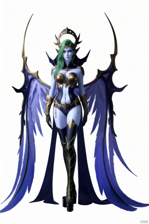 ((HRD, HUD, 8K)),((masterpiece, best quality)), highly detailed, soft light,
1girl, solo, long hair, green hair, blue eyes, pointy ears, breasts, medium breasts, colored skin, blue skin, armor, thighhighs, navel, sandals, (wings:1.2),
simple background, white background, full body, long legs, standing, looking at viewer, , BuWenBuWen