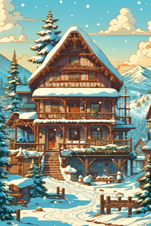  ((HRD, HUD, 8K)),((masterpiece, best quality)), highly Winter, houses, outdoors, sky, day, tree, no humans, window, building, scenery, snow, stairs, mountain, door, house, chimney,