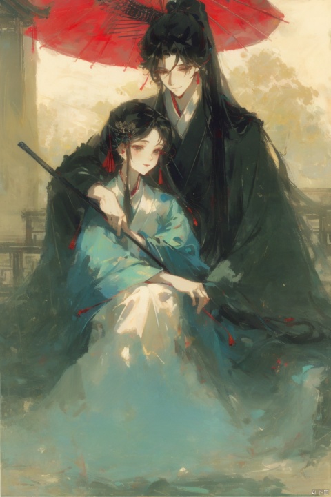  ((HRD, HUD, 8K)),((masterpiece, best quality)), highly detailed, soft light,
GuoYun, 1girl, 1boy, hanfu, black hair, umbrella, long hair, sitting, chinese clothes, hetero, long sleeves, jewelry, outdoors, hand on another's head, hair ornament, smile, closed mouth, wide sleeves, ponytail, looking down, oil-paper umbrella,