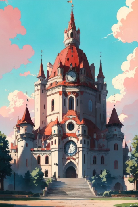 ((HRD, HUD, 8K)),((masterpiece, best quality)), highly detailed, soft light,
Castle, stairs, sky, scenery, tower, cloud, no humans, blue sky, day, outdoors, tree, clock, castle, clock tower, 