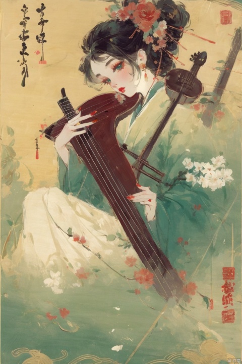  ((HRD, HUD, 8K)),((masterpiece, best quality)), highly detailed, soft light,
GuoYun, 1girl, instrument, hanfu, solo, holding instrument, chinese clothes, flower, holding, black hair, hair ornament, chinese text, branch, playing instrument, lute (instrument), long sleeves, music, green nails, looking at viewer, parted lips, makeup, red lips, lipstick, nail polish, sitting, parody, moon, wide sleeves,