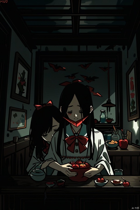  ((HRD, HUD, 8K)),((masterpiece, best quality)), highly detailed, soft light,
Terror, 1girl, black hair, indoors, holding, food, flower, bow, 1boy, fruit, closed eyes, hair bow, red bow, bird, jar, ribbon, white shirt, blood, robe, horror (theme), apple, origami, realistic,