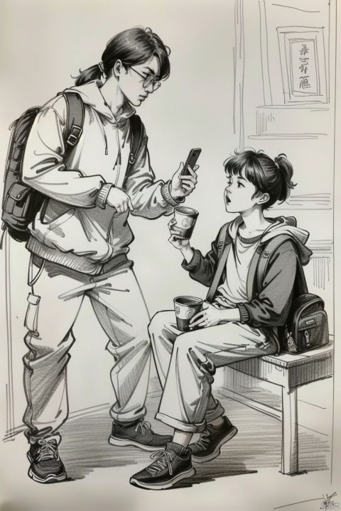  ((HRD, HUD, 8K)),((masterpiece, best quality)), highly detailed, soft light,
Sketching - MultipleCharacters, monochrome, greyscale, multiple boys, bag, backpack, phone, sneakers, glasses, sitting, hood, hat, hoodie, cellphone, cup, beanie, jacket, shoes, pants, ponytail, traditional media,