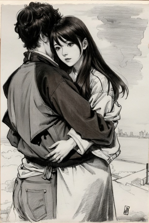  ((HRD, HUD, 8K)),((masterpiece, best quality)), highly detailed, soft light,
1girl, 1boy, long hair, hetero, jacket, couple, brown hair, hug, black hair, short hair, okabe rintarou, from behind, jacket on shoulders,
monochrome, greyscale, traditional media,