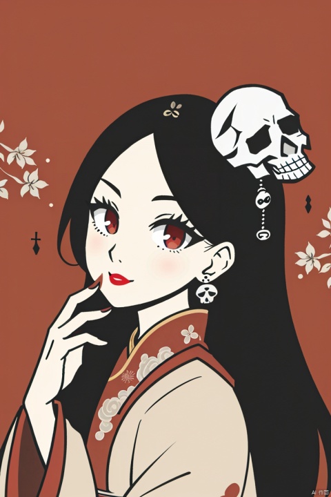1girl, solo, long hair, looking at viewer, brown hair, black hair, hair ornament, red eyes, long sleeves, holding, jewelry, closed mouth, upper body, earrings, hand up, from side, looking to the side, makeup, mask, chinese clothes, red background, skull, red lips, hair stick, red theme, holding mask, holding skull, InkAndWash