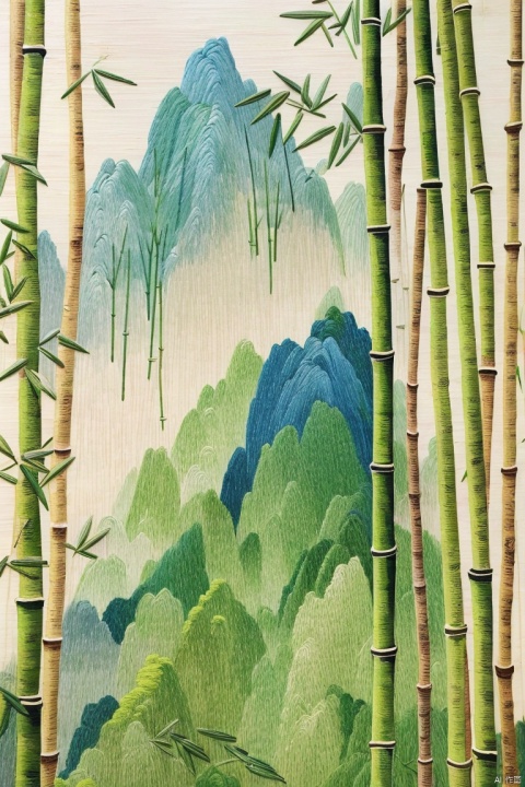Embroidery, no humans, scenery, nature, traditional media, bamboo, forest, outdoors, mountain, painting (medium), landscape, colored pencil (medium), bamboo forest