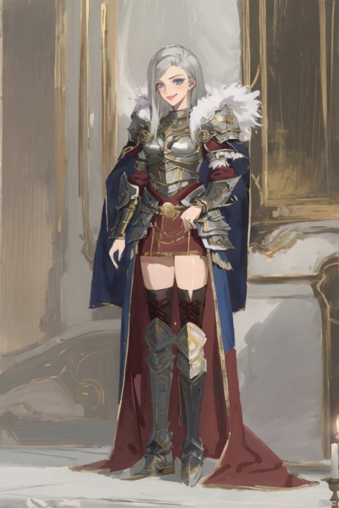 ((HRD, HUD, 8K)),((masterpiece, best quality)), highly detailed, soft light,
1girl, solo,long hair, white hair, grey hair, blue eyes, grey eyes, makeup,
armor, fur trim, breastplate, skirt, thighhighs,cape,boots,
candle, flower, rose, looking at viewer, skull, smile, from below, fang, red rose, hairclip, red flower, glowing eyes, full body, TianShiHexi