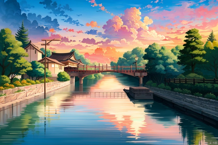  ((HRD, HUD, 8K)),((masterpiece, best quality)), highly detailed,
scenery, no humans, outdoors, bridge, river, building, real world location, sky, architecture, tree, east asian architecture, road, reflection, water, house, sunset