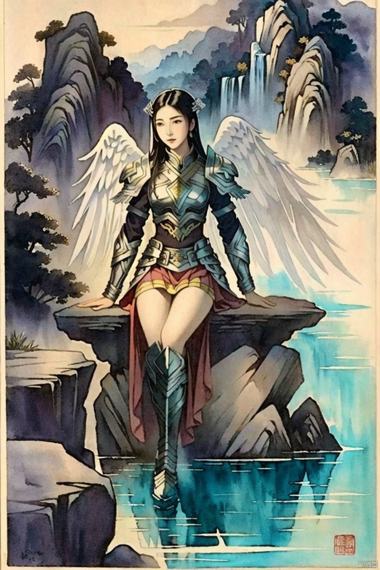  ((HRD, HUD, 8K)),((masterpiece, best quality)), highly detailed, soft light,InkAndWash, 
1girl, solo, blonde hair, long hair, bangs, blue eyes, lips, armor, breastplate, shoulder armor, skirt, pauldrons, armored boots, wings, angel wings, feathered wings
chinese text, mountain, water, river, waterfall, sitting, full body, chinese text, traditional media, fine art parody, parody,looking at viewer, signature, watercolor (medium), faux traditional media, , MengXianGu, YunQingPing, TianShiYan
