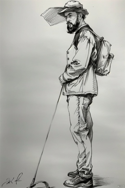  ((HRD, HUD, 8K)),((masterpiece, best quality)), highly detailed,
Sketch, 1boy, monochrome, solo, greyscale, male focus, cane, hat, from side, facial hair, traditional media, bag, shoes, pants, full body, walking, standing, jacket, signature, looking at viewer, mustache, long sleeves, holding, beard, 