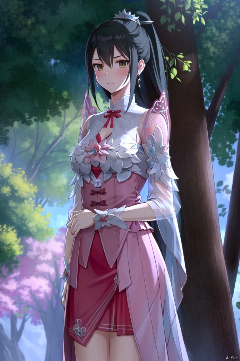  ((HRD, HUD, 8K)),((masterpiece, best quality)), highly detailed,
1girl,solo,hair ornament, hair bun, black hair, long hair, ponytail, brown eyes,
jewelry, earrings,
dress,pinkdress,,
outdoors,cowboy shot,blurry,day,looking at viewer,tree,blurry background,depth of field,leaf,dappled sunlight,hand on own chest,medium breasts,flower,standing,closed mouth, YunYun, XiaoXunEr