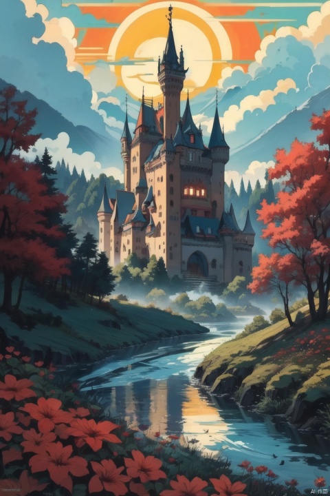  ((HRD, HUD, 8K)),((masterpiece, best quality)), highly detailed, soft light,
Castle, no humans, tree, scenery, flower, castle, bird, water, sky, nature, tower, moon, outdoors, sun, forest, river, cloud, red flower, 