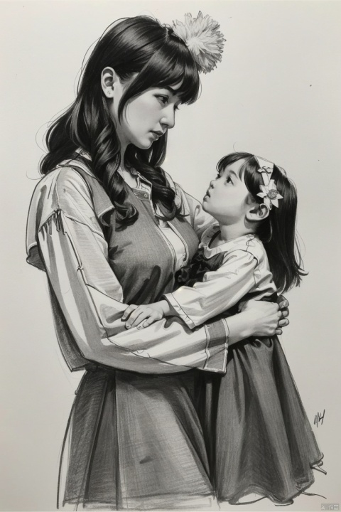  ((HRD, HUD, 8K)),((masterpiece, best quality)), highly detailed, soft light,
Mother raises her daughter, cowboy shot, Sketch,
monochrome, greyscale, traditional media,