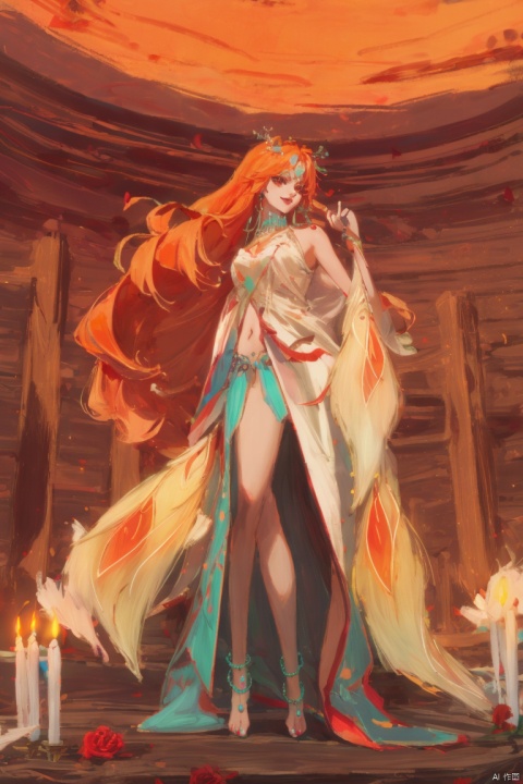  ((HRD, HUD, 8K)),((masterpiece, best quality)), highly detailed, soft light,
1girl, solo, orange hair, long hair, very long hair, red hair, hair ornament, red eyes,  lips, earrings, jewelry,
dress, navel,bareshoulders,feathers,anklet,barefoot,
candle, flower, rose, looking at viewer, skull, smile, from below, fang, red rose, hairclip, red flower, glowing eyes, full body, LiuQiYue